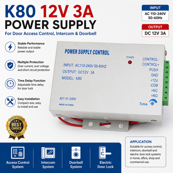K80 12V 3A Power Supply for Door Access Control, Intercom & Doorbell