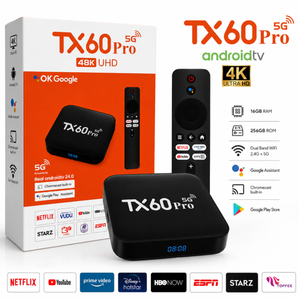 TX60 Pro 5G Android TV Box 16GB RAM 256GB ROM 4K UHD Dual Band WiFi Google Assistant