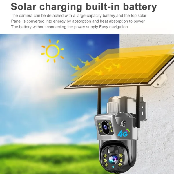 V380 Solar Powered Outdoor Security Camera 2k 4mp 4G Double Lens HD Wireless Ptz Video Two-Way Audio CMOS Night Vision Ip Camera Regulation : 3MP+3MP (Dual Lens) Audio : Two-way Audio Battery capacity : Built-in 12000mah battery Storage : SD Card Storage(Support Max 128G) APP : V380 Pro